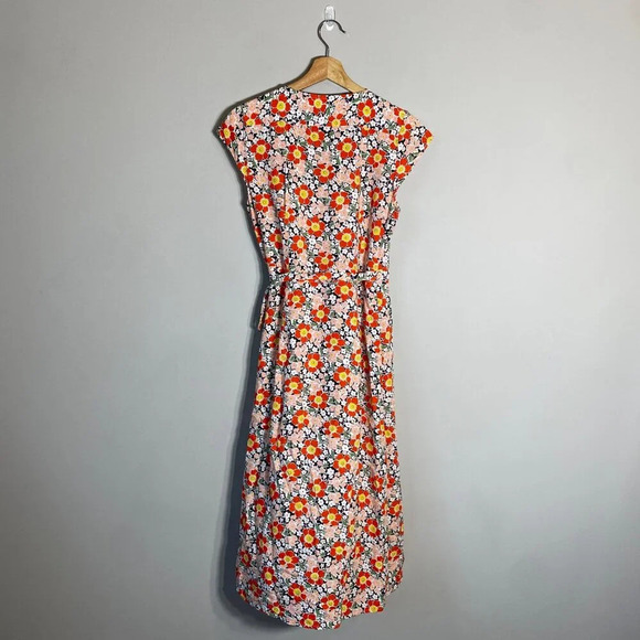 J.Crew Mercantile Short Sleeve Floral Midi Wrap Dress Women's XS Orange V-Neck - Picture 4 of 14